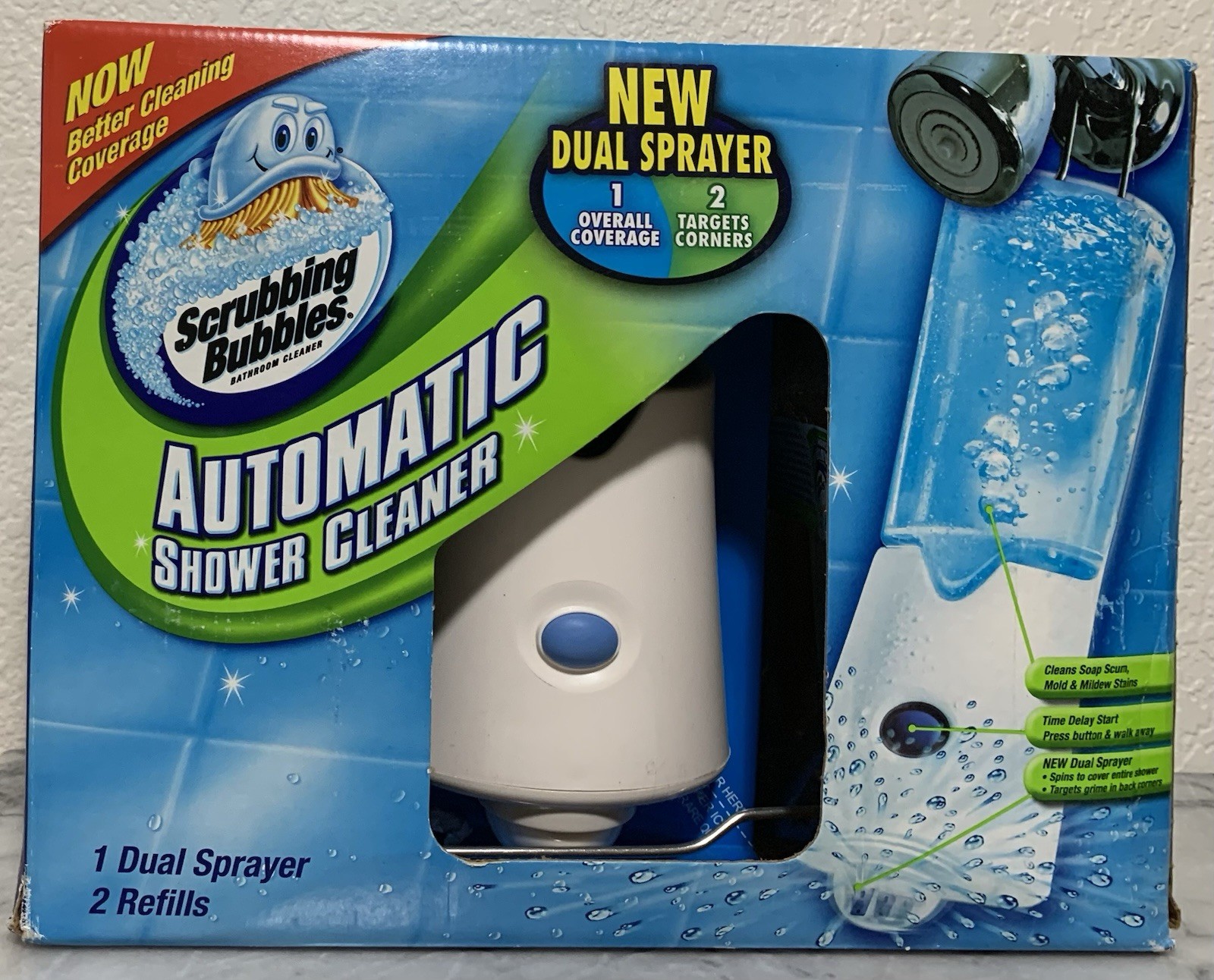 Scrubbing Bubbles Automatic Shower Cleaner Dual Sprayer 2 Refills Bottles NEW