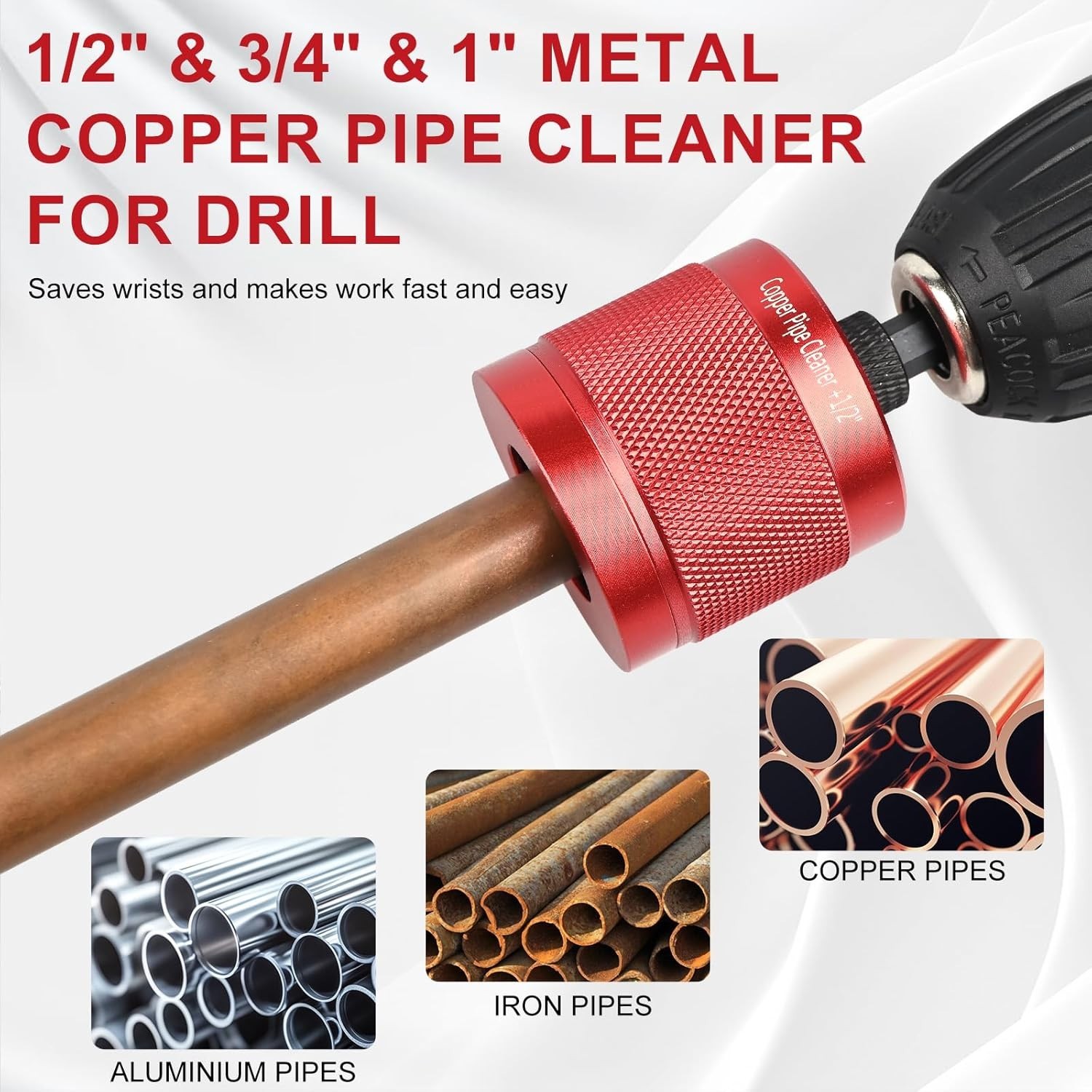 1/2″ & 3/4″ & 1″ Copper Pipe Cleaner Set with Drill-Compatible Brushes