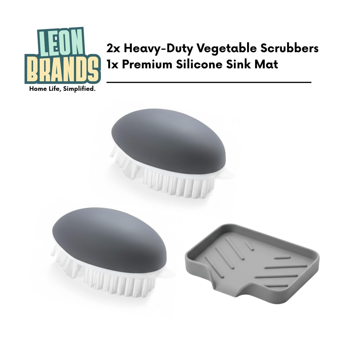 LEONBRANDS 3-Piece Vegetable Brush for Food and Silicone Sink Mat Set – Ergon…