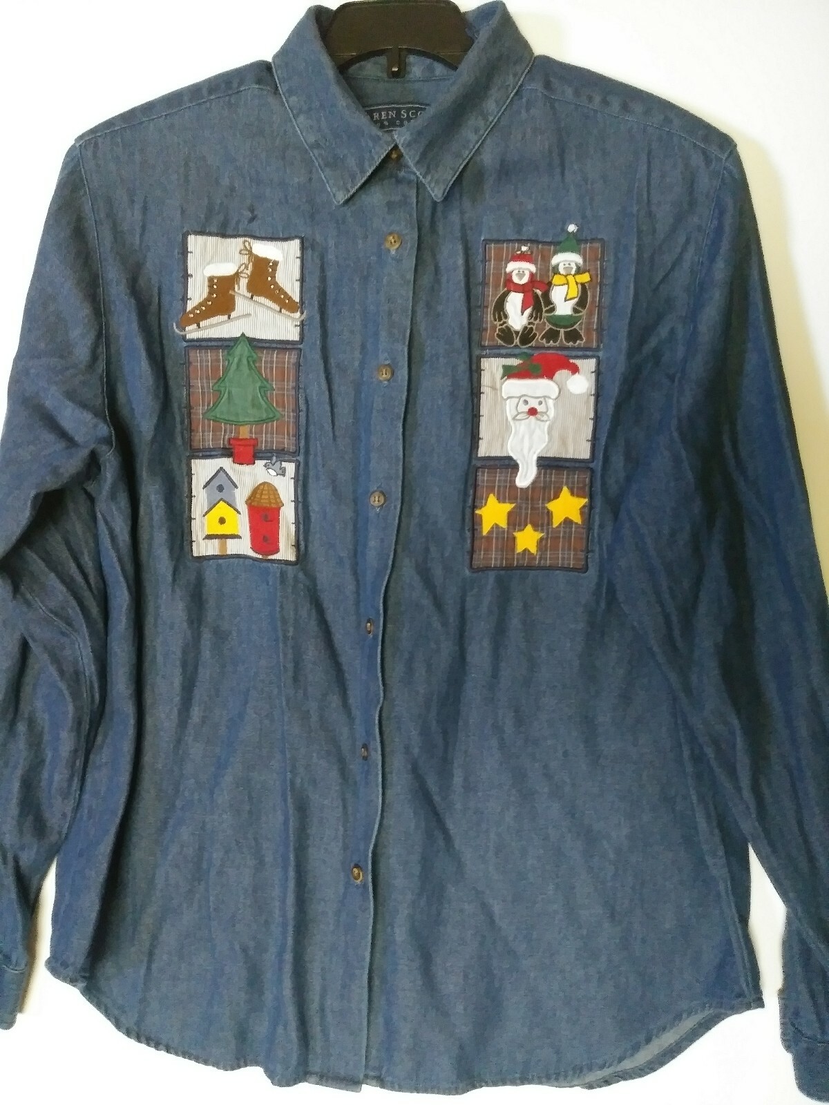 KAREN SCOTT BUTTON-DOWN DENIM SHIRT CHRISTMAS PATCHES APPLIQUE SIZE MEDIUM USED