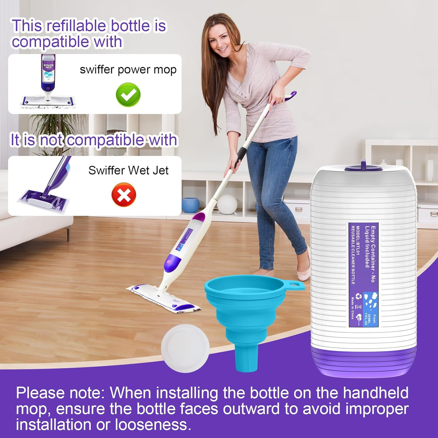 1Pack Refillable Bottle for Swiffer Power Mop, 500ML / 17 FL.OZ Reusable Solutio