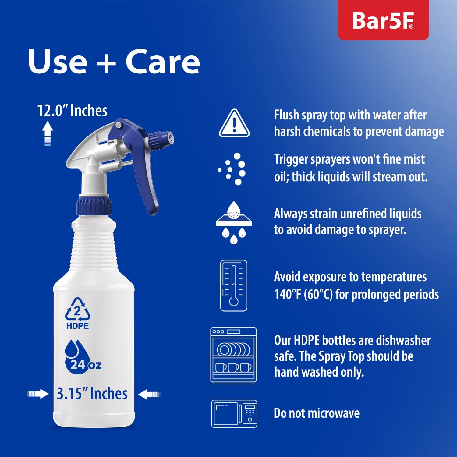 Bar5F Empty Plastic Spray Bottle 16 oz, Professional, Chemical Resistant,
