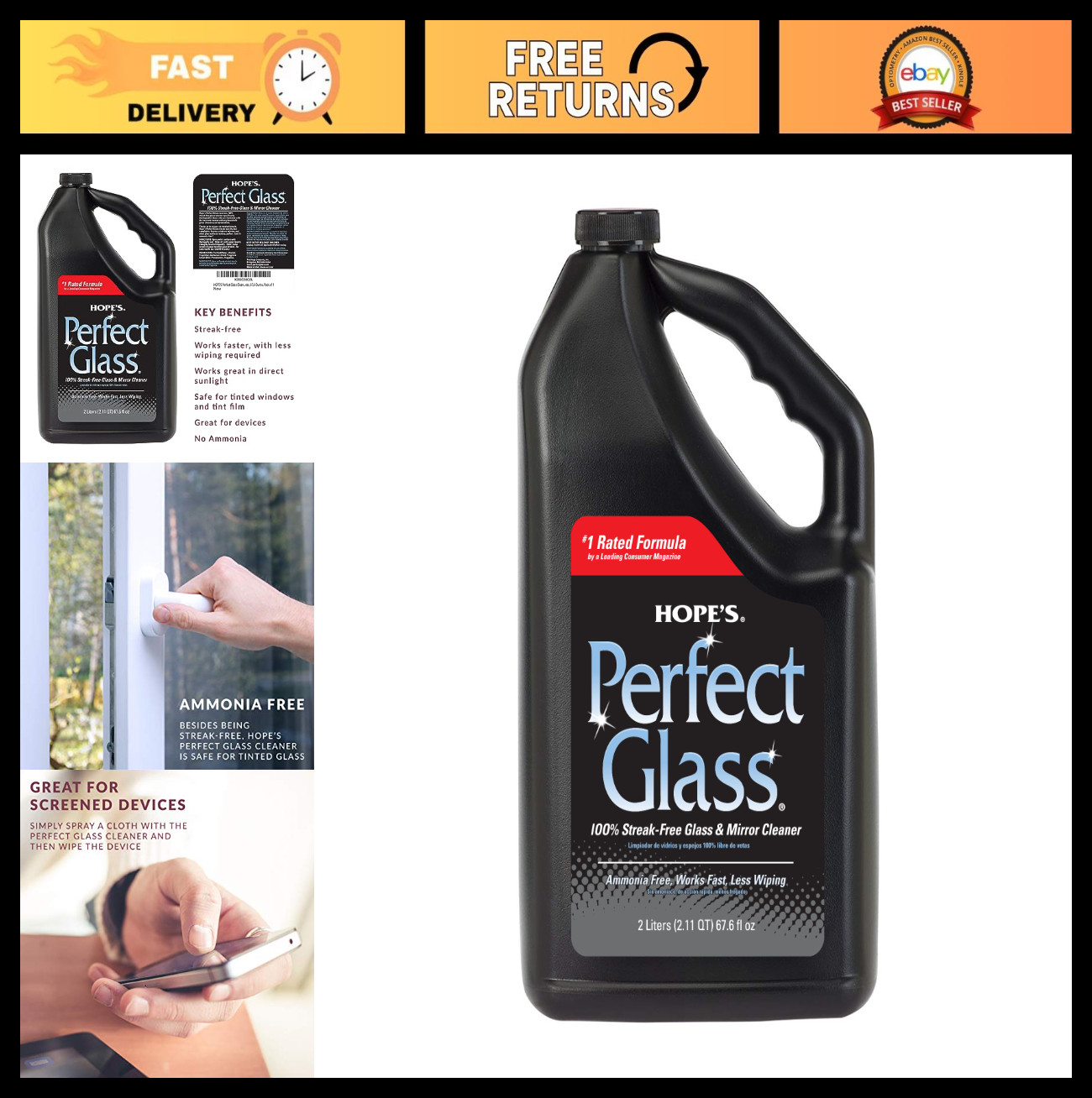 Streak-Free Glass Cleaner Spray Refill, Ammonia-Free for Windows, Mirrors, & Scr