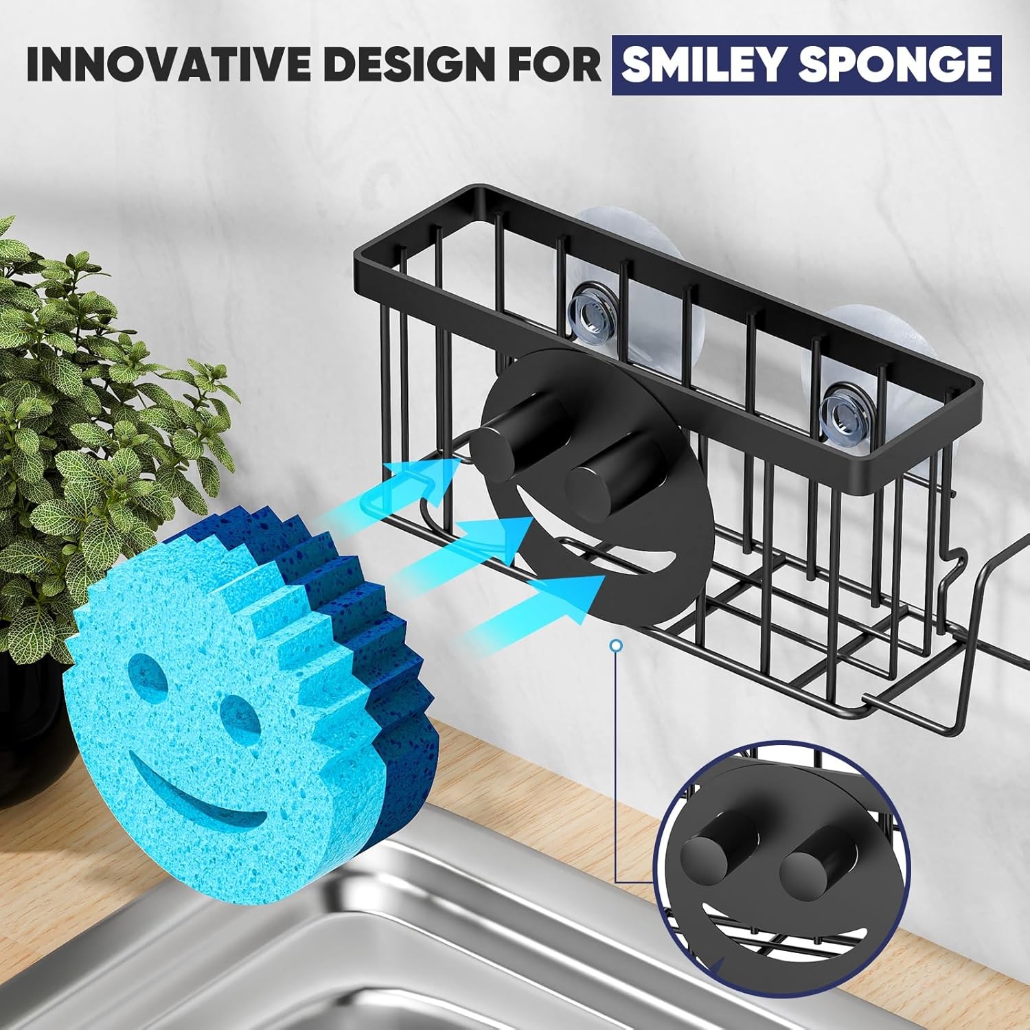 Sponge Holder for Kitchen Sink,Sink Caddy Smiley Face,4-in-1 Sponge Holder with