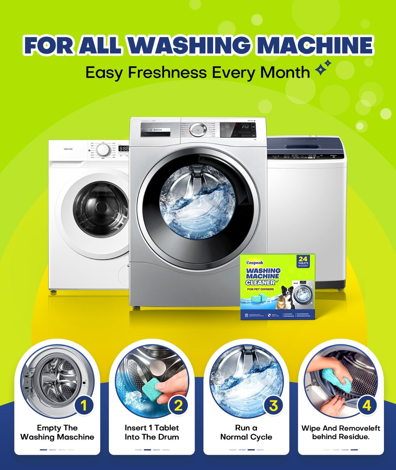 5X Power Deep Cleaning Washing Machine Cleaner Tablets No More Odor & Pet Fur