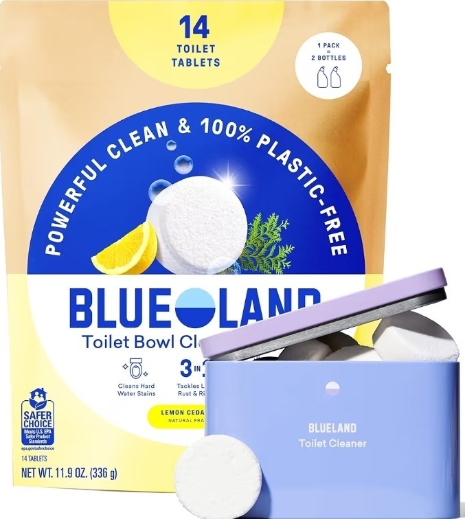 BLUELAND Toilet Bowl Cleaner Tablets, Starter Set, 14 Count with Tin, Lemon Ceda