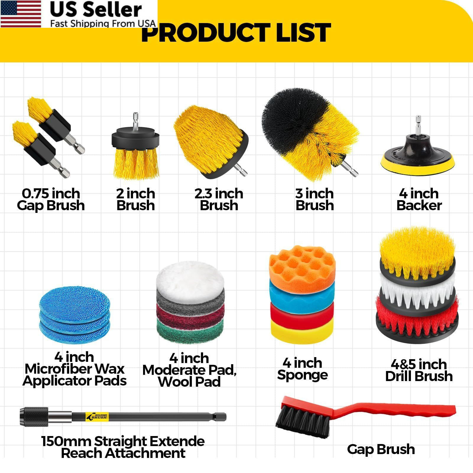 Holikme 22Pack Drill Brush Attachments Set,Scrub Pads & 22pack, Yellow
