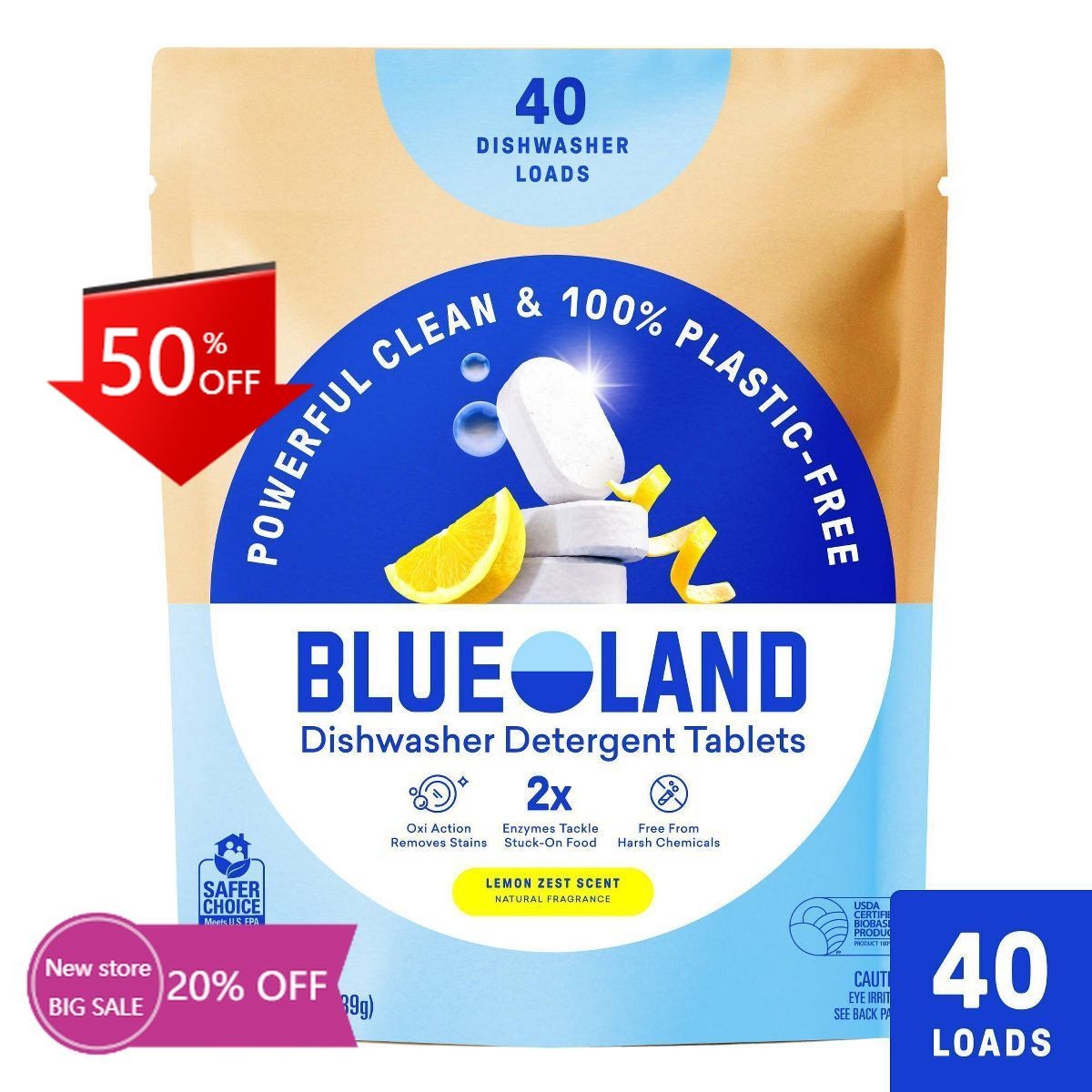 Blueland Lemon Zest Dishwasher Detergent Tablets – 9.5oz/40ct: Bleach-Free