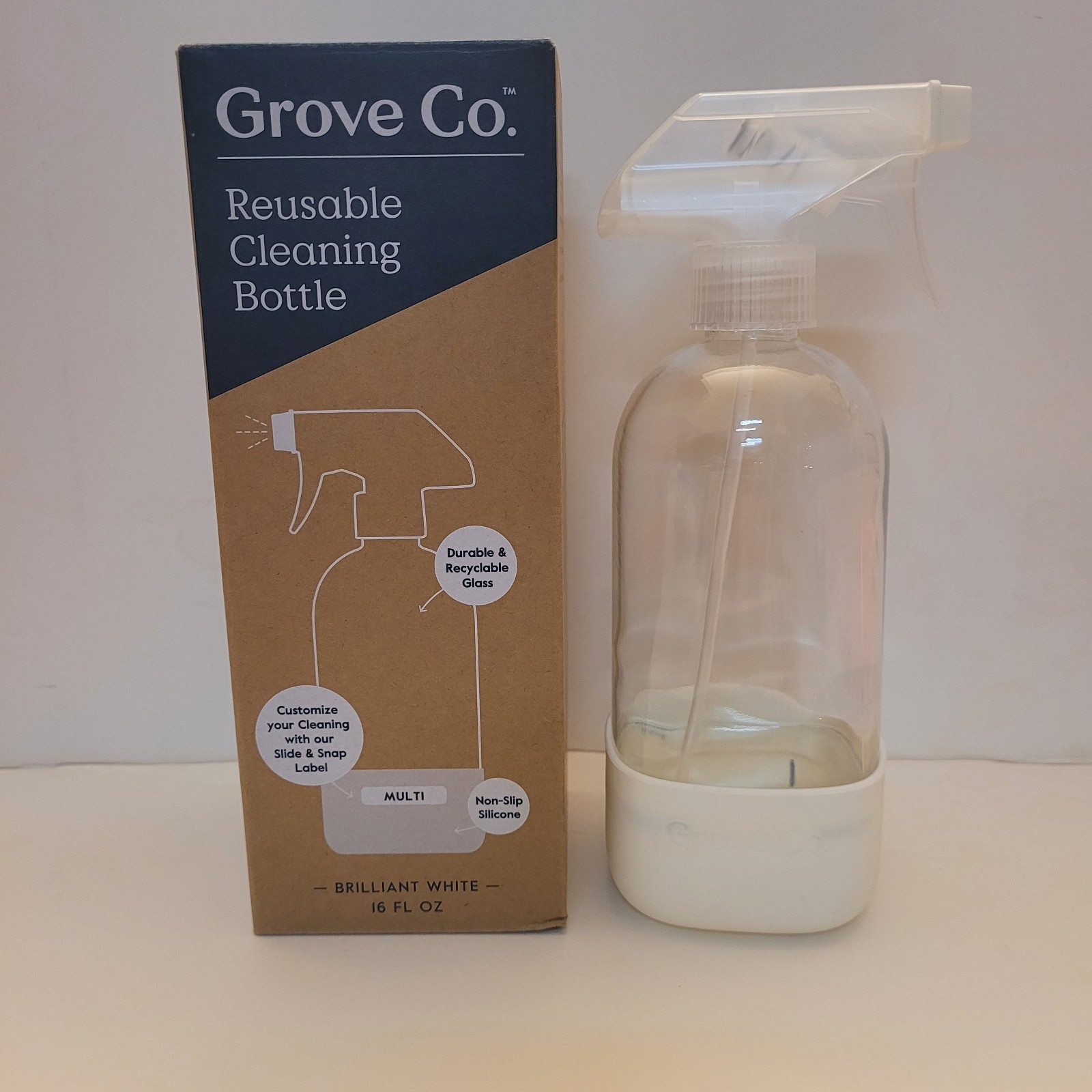 Grove Co Glass Spray Bottle 16oz White Silicone Sleeve w/ Slide & Snap Labeling