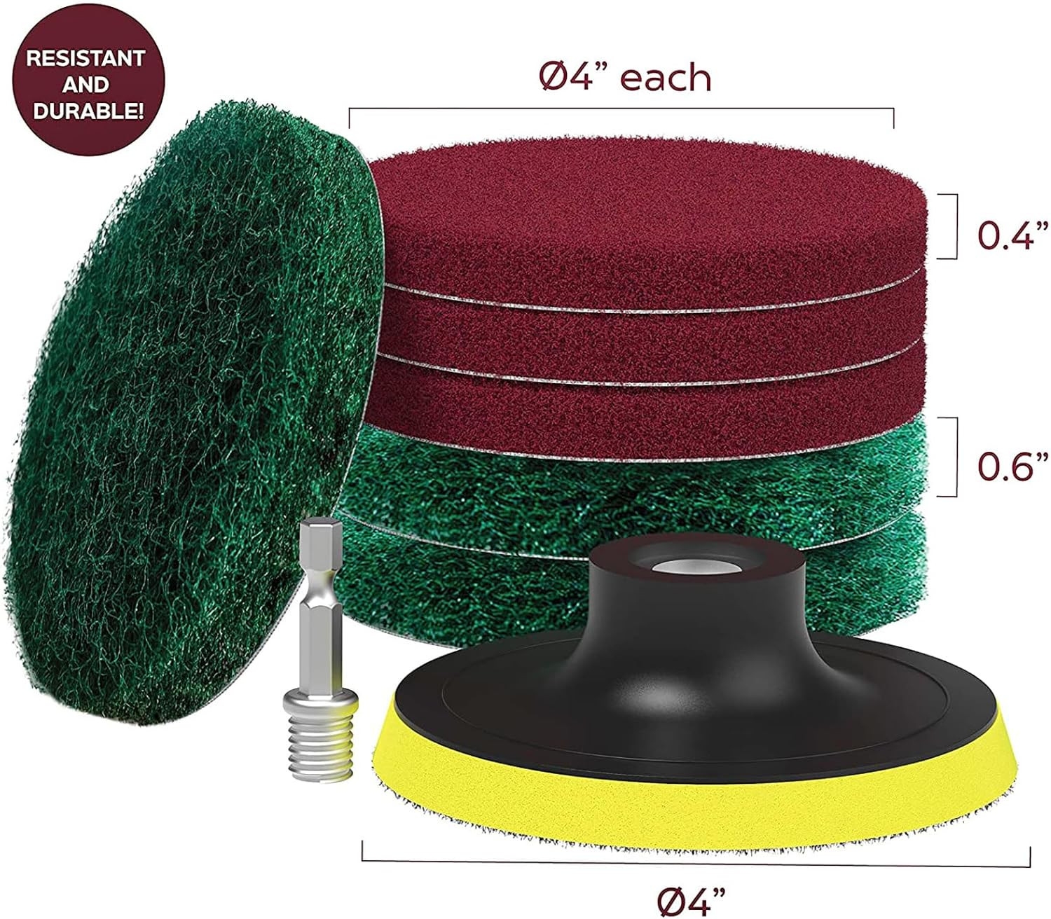 4″ Drill Powered Scrubber Pad Set 6pc Scouring Pads & Holder for Tile Grout Floo