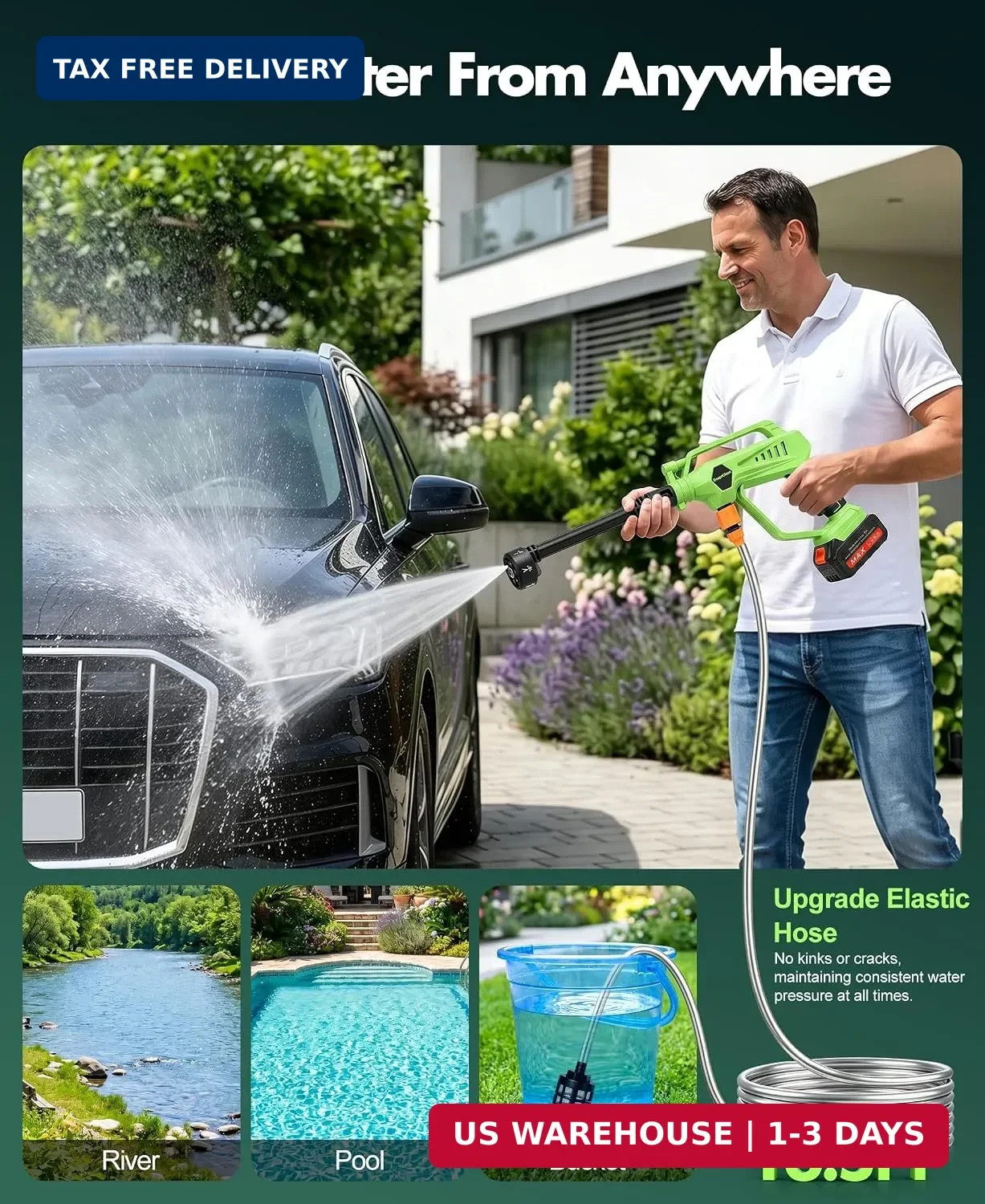 DeeprClean Cordless Car Washer with 6-in-1 Nozzle, Portable Vehicle Cleaning Too