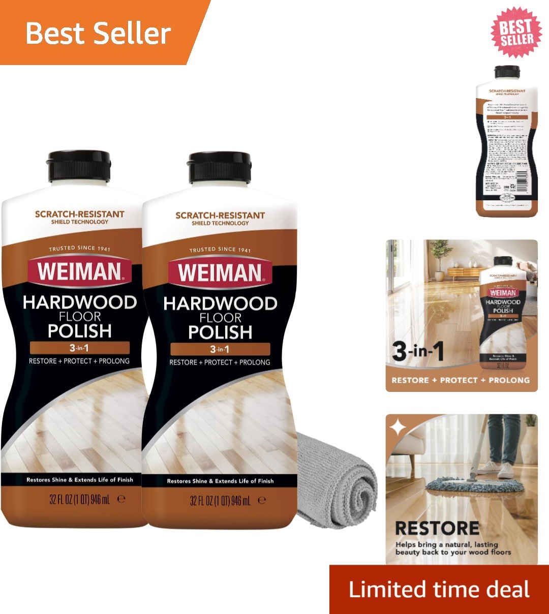 3PC Wood Floor Polish & Restorer – 32 Oz Bundle, Natural Shine & Scratch Removal