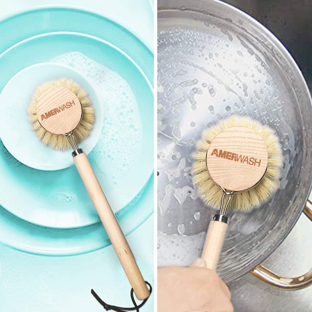 Dish Brush with Wooden Handle Natural Kitchen Brush for Dishes Vegetable Pots
