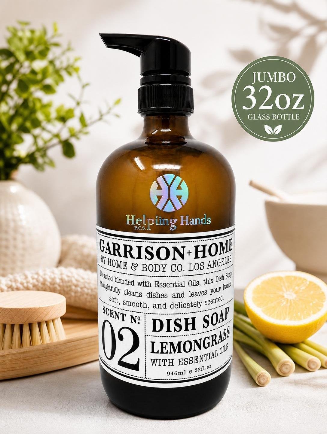 Garrison Home Body Lemongrass Dish Soap Essential Oil JUMBO 32oz GLASS BOTTLE