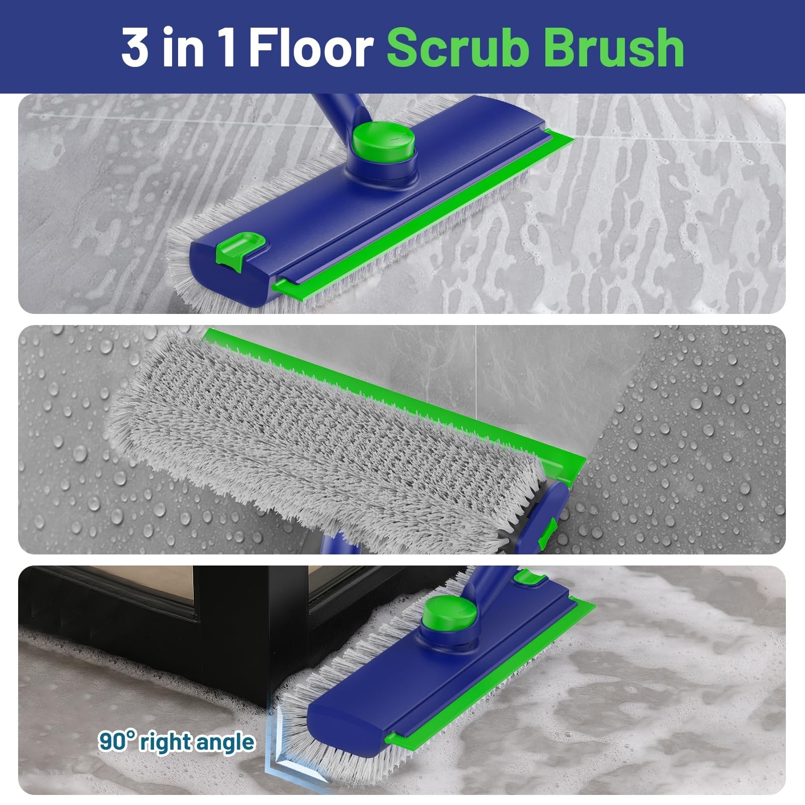 Heavy-Duty 3-in-1 Floor Scrub Brush with Long Handle & Squeegee for Tile, Bathro