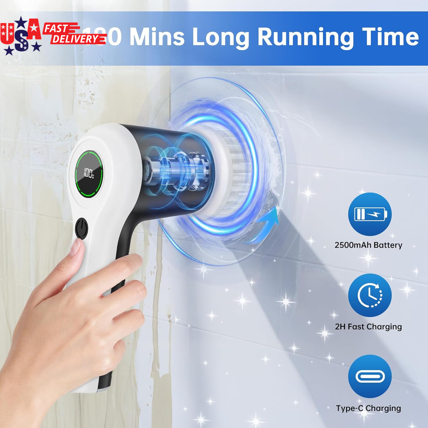 Electric Spin Scrubber, Cordless Shower Scrubber with Battery Level Display, 2 S