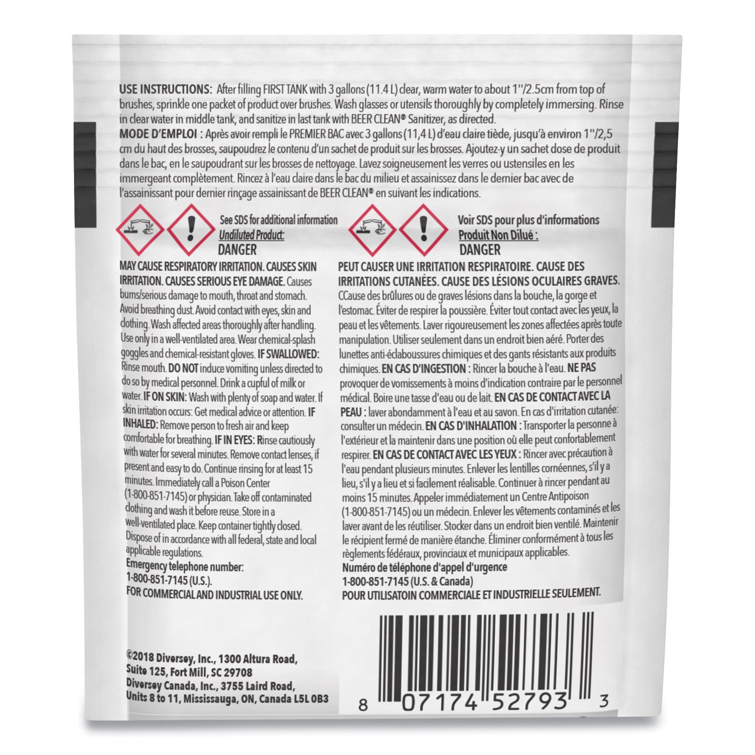 Diversey Beer Clean Glass Cleaner, Powder, .5oz Packet, 100/Carton