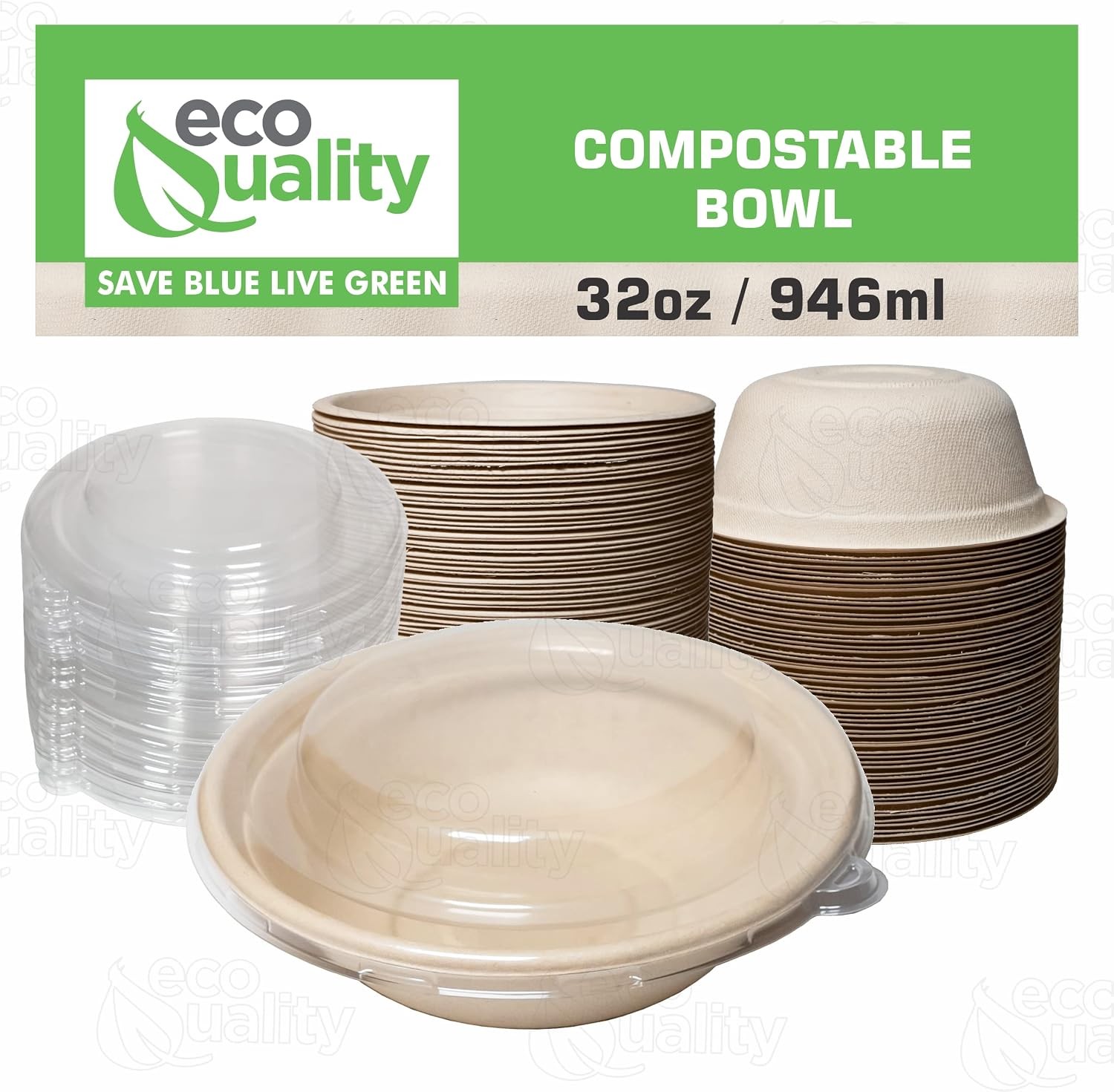150 Count – EcoQuality 32oz Round Disposable Bowls with Dome Lids Natural Suga