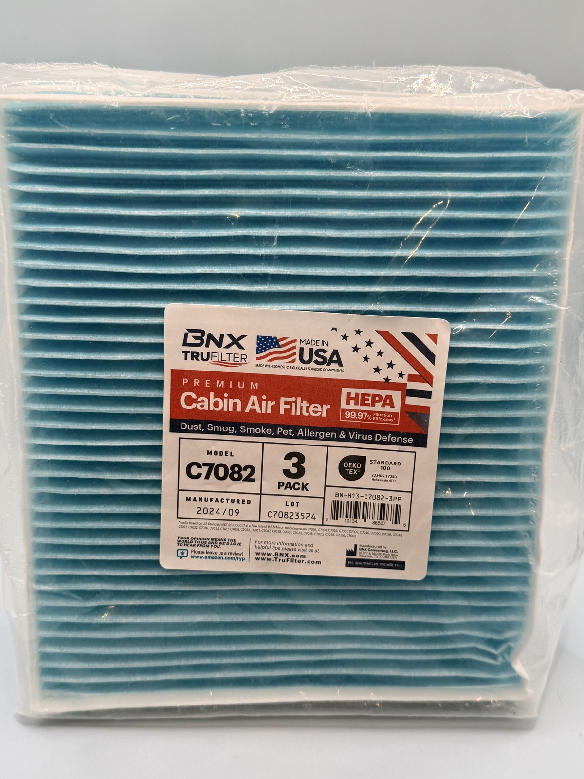 BNX TRUFILTER C7082 Premium HEPA Cabin Air Filter 3-Pack Made in USA OEKO-TEX