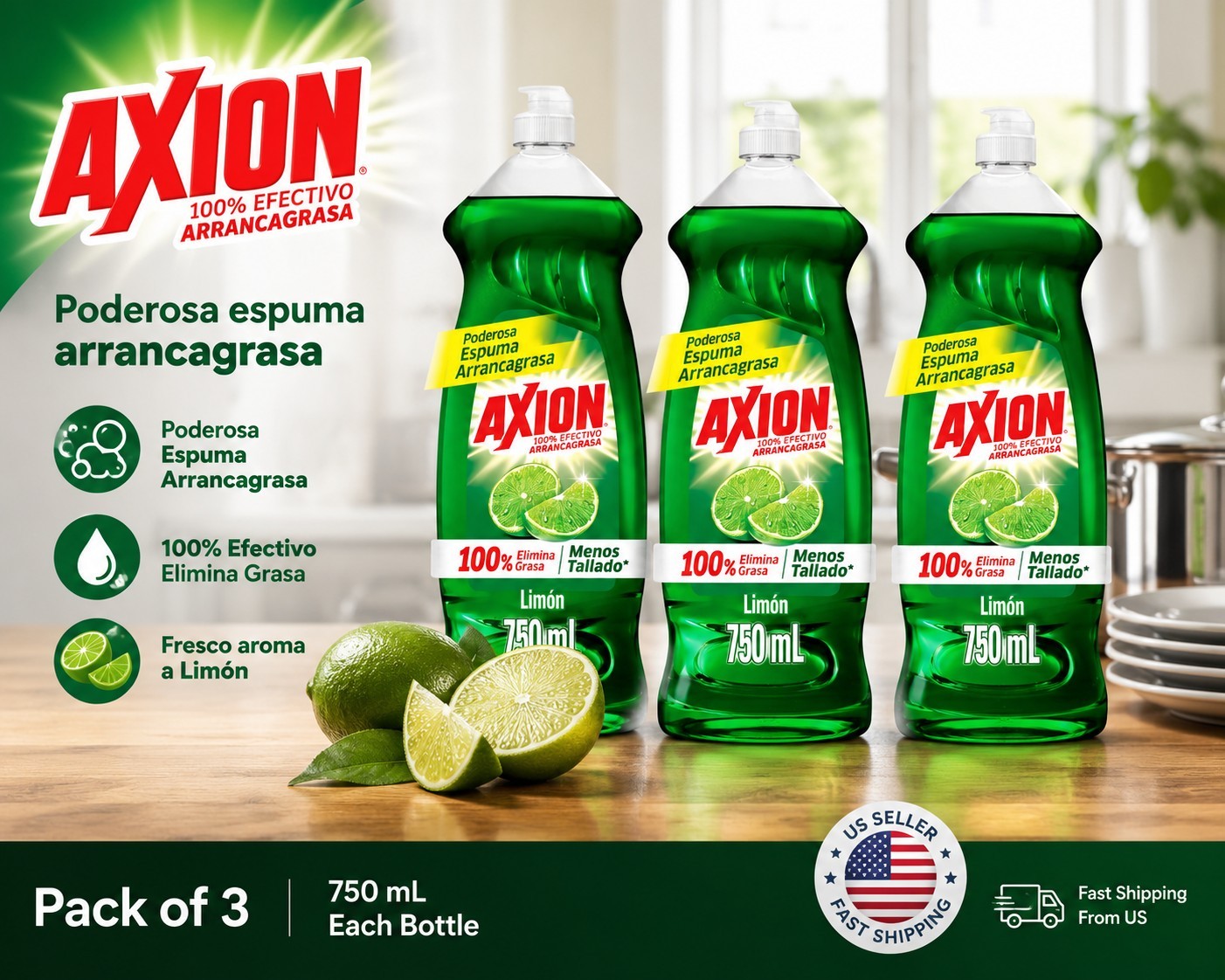3x Axion Jabón Lavatrastes Arranca Grasa 750ml /Axion Dish Soap Grease Remover