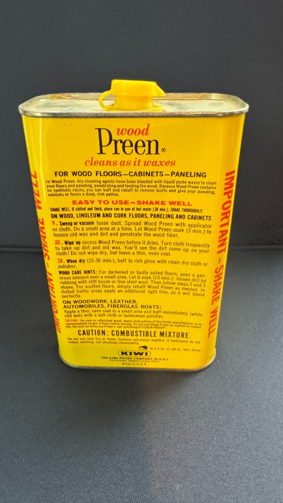 WOOD PREEN 1 QT 32oz CLEANER WAX PROTECTS Yellow Can Kiwi Polish Co Discontinued