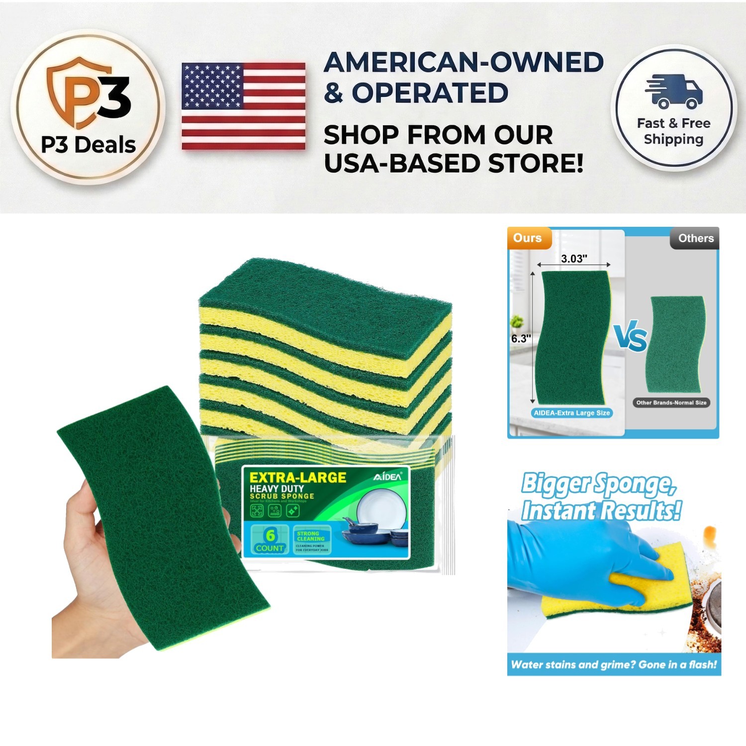 Extra Large 6 Count Heavy Duty Scrub Sponges for Kitchen and Bathroom Cleaning