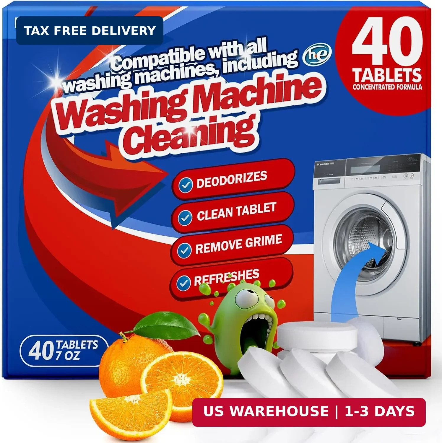 Washing Machine Cleaner Tablets Descaler 40 Pack Deep Cleaning HE Front Load