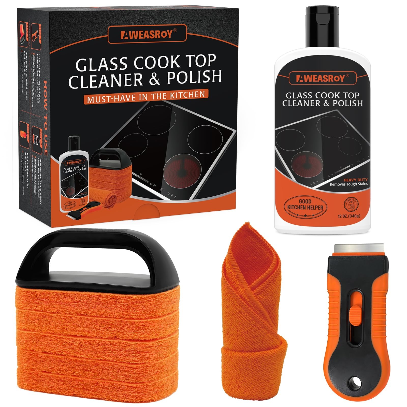 Glass Stove Top Cleaner Kit 12 oz, Cooktop Cleaner and Polish Non-Abrasive