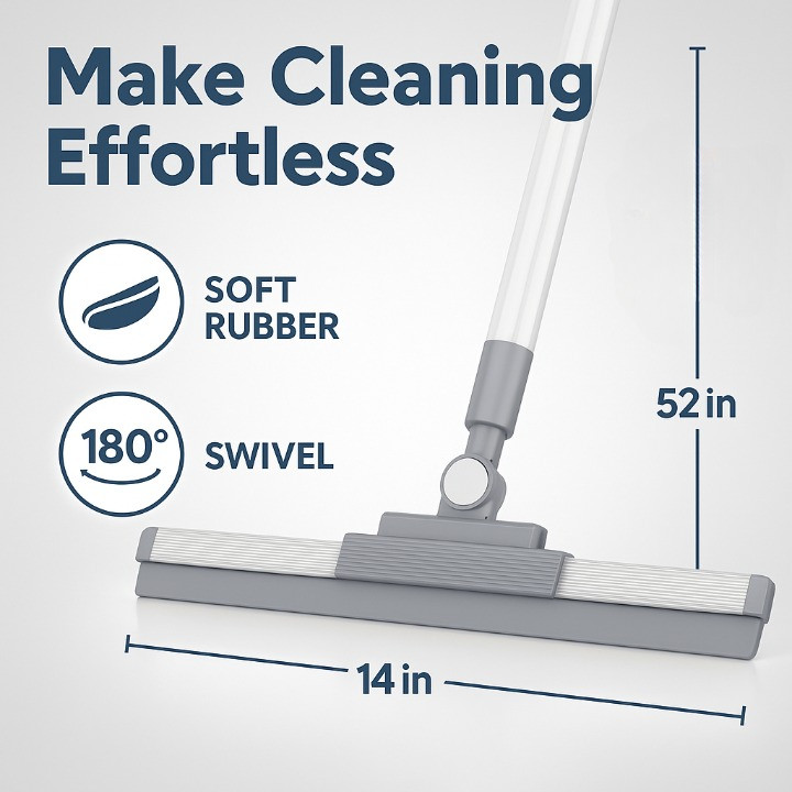 Floor Squeegee 52″ Long Handle 180° Rotating Head Bathroom Window Shower Garage