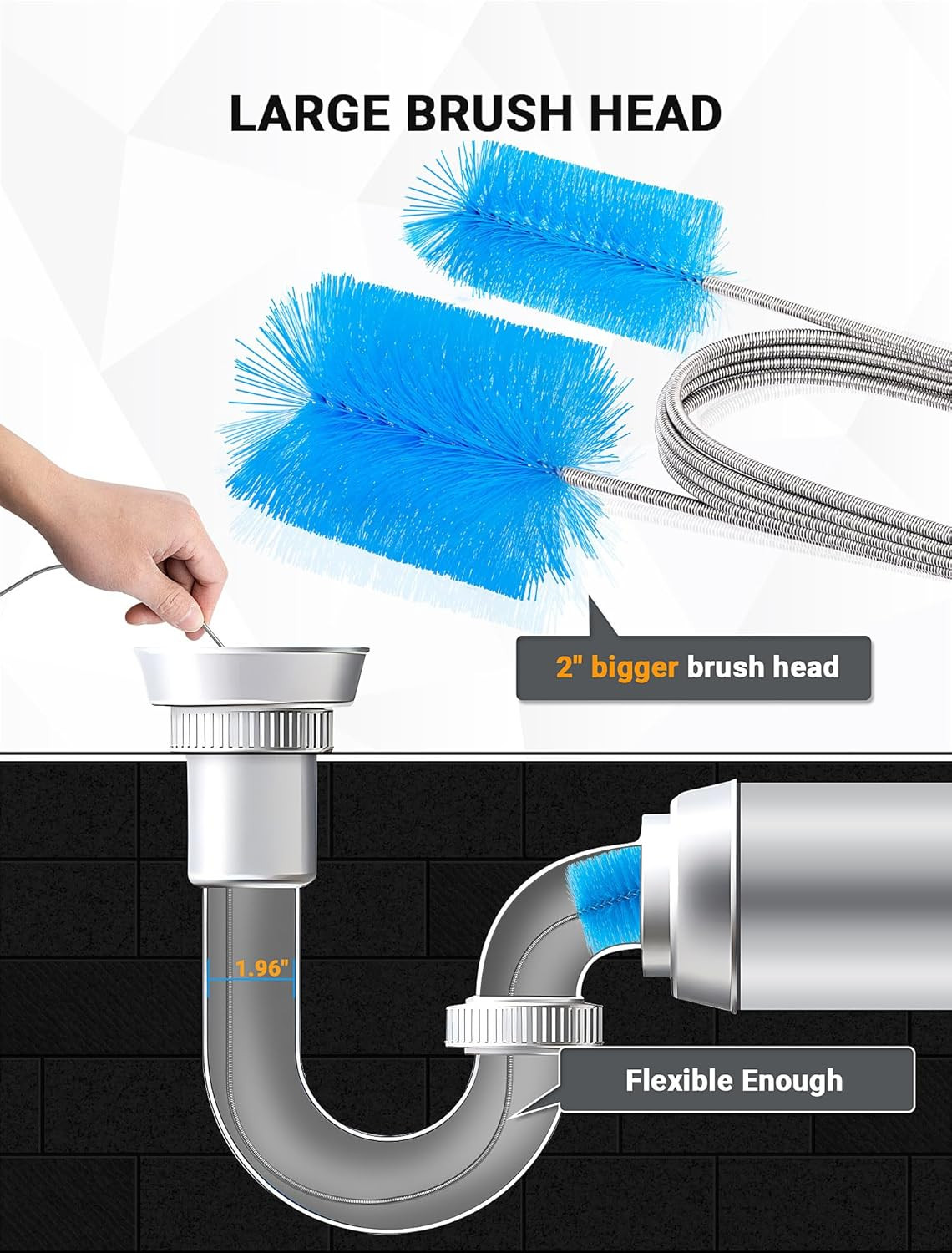 Flexible Long Drain Brush Tool with Large Double Elastic Nylon Ends, Stainless S