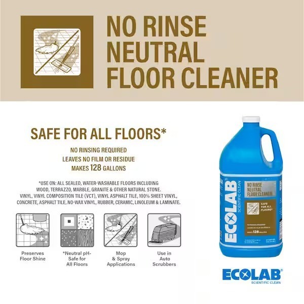 ECOLAB 1 Gal. No Rinse Neutral Floor Cleaner, Concentrate, Residue Free Formula