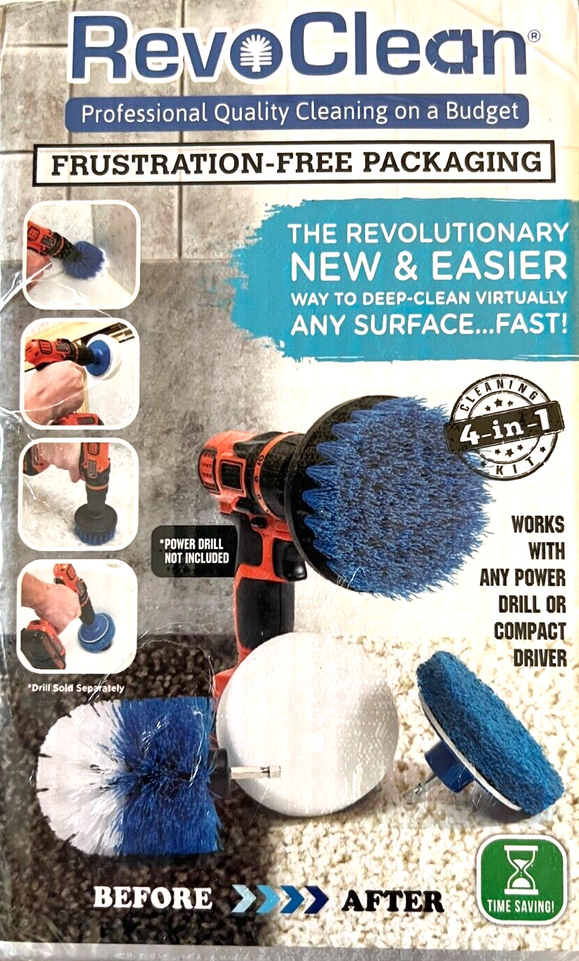 Revoclean 4 Piece Scrub Brush Power Drill Attachments-All Purpose Time Saving