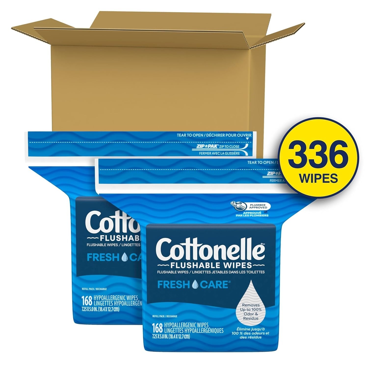 336 Count Cottonelle Adult Flushable Wipes, 2 Refill Packs – Odor Eliminating
