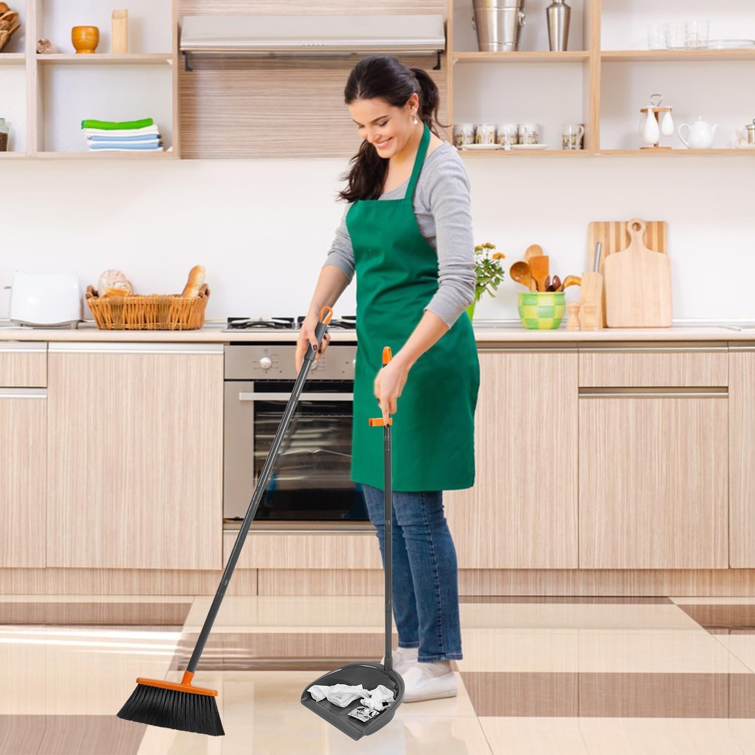 Broom and Dustpan Set ，Long Handle Broom with Upright Standing Dust