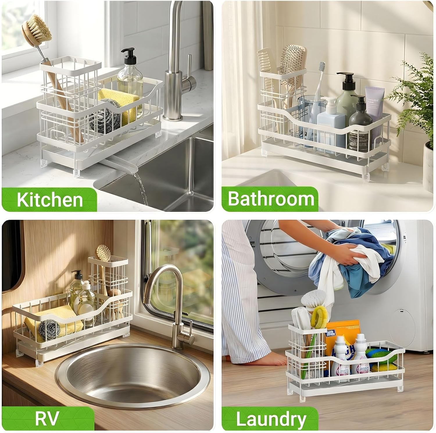 Sponge Holder for Kitchen Sink, Rustproof Sink Caddy Organizer with Dish Brush