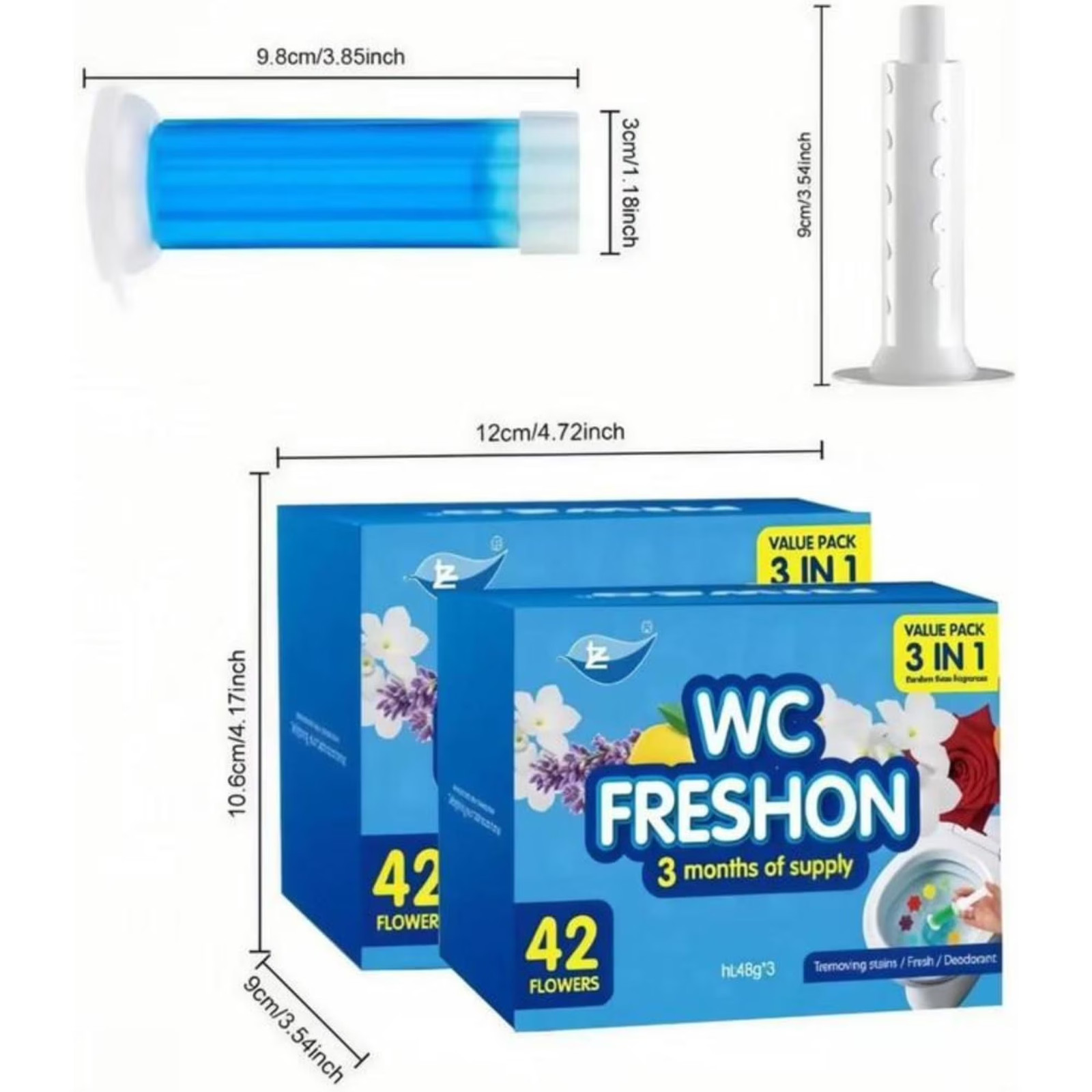 4 Packs Toilet Gel Freshon Set, 42 Flower Design 3 in 1 Value Pack w Dispenser