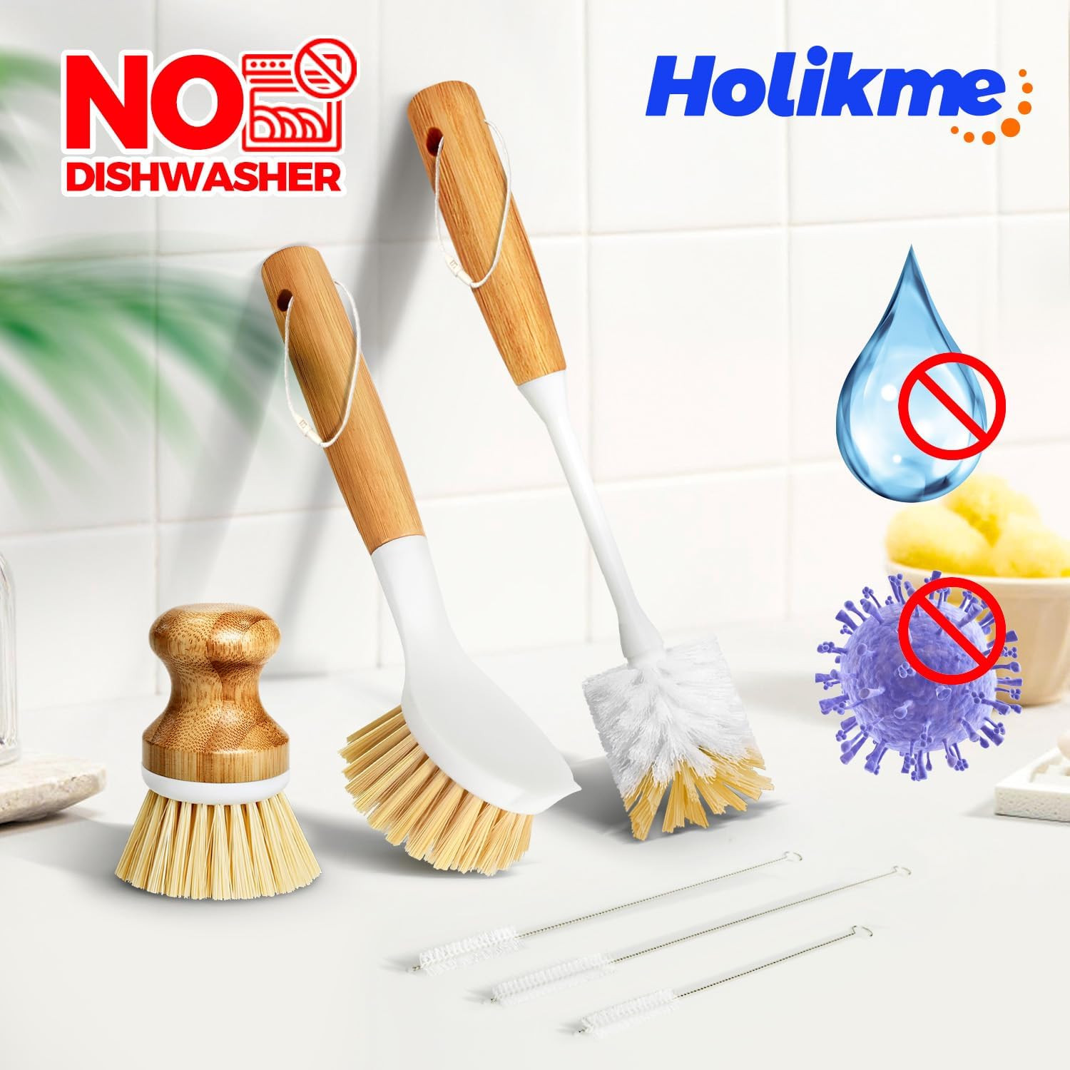 Holikme 6 Pack Dish Brush Scouring Pad Set with Bottle Brush, Dish Brush, Palm S