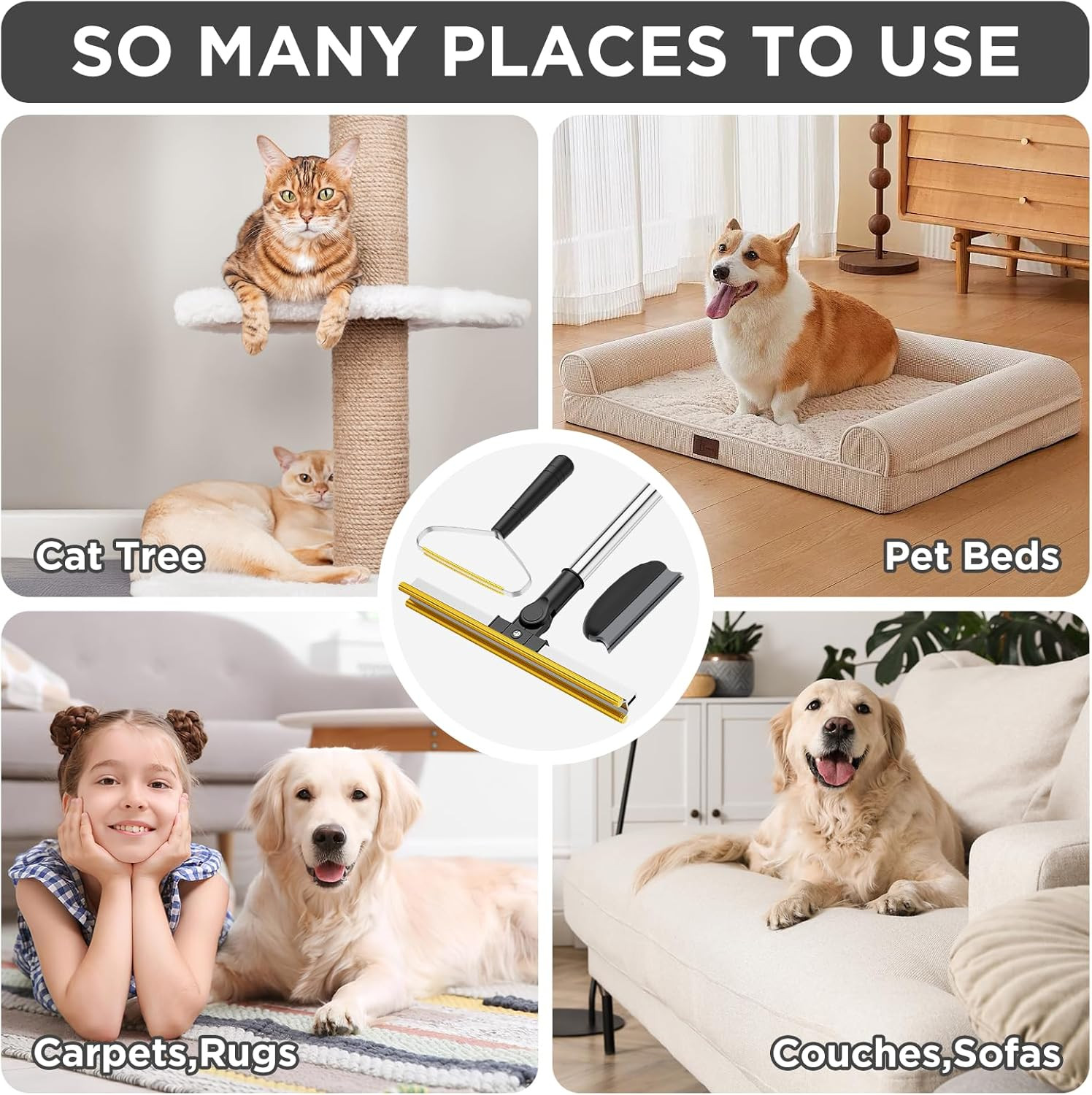 3 in 1 Carpet Rake for Pet Hair Removal, Tool Set of 3, 55” Long Handle Carpet P