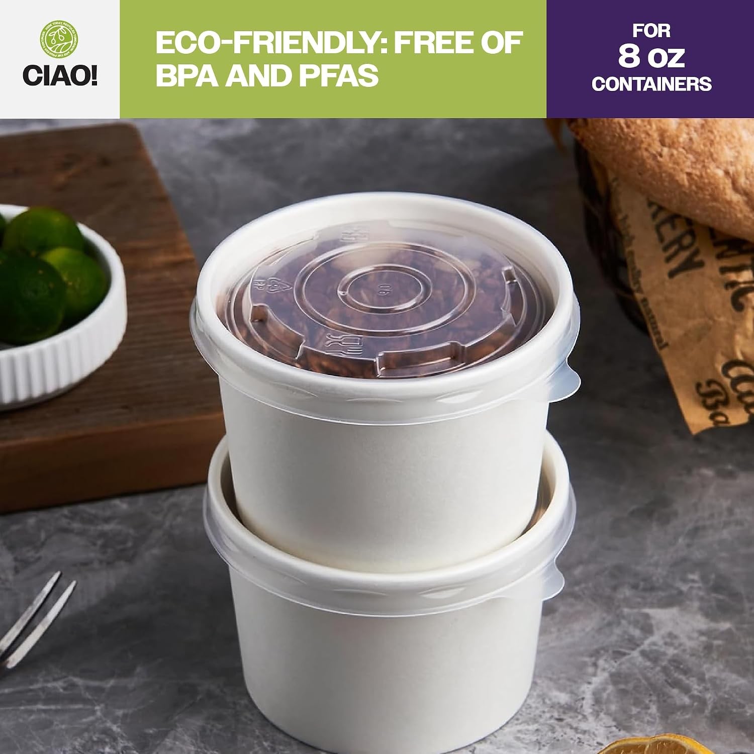 CIAO! 90mm Diameter PP Lid, Designed and Fit BRAND 8oz Paper Food Container (1