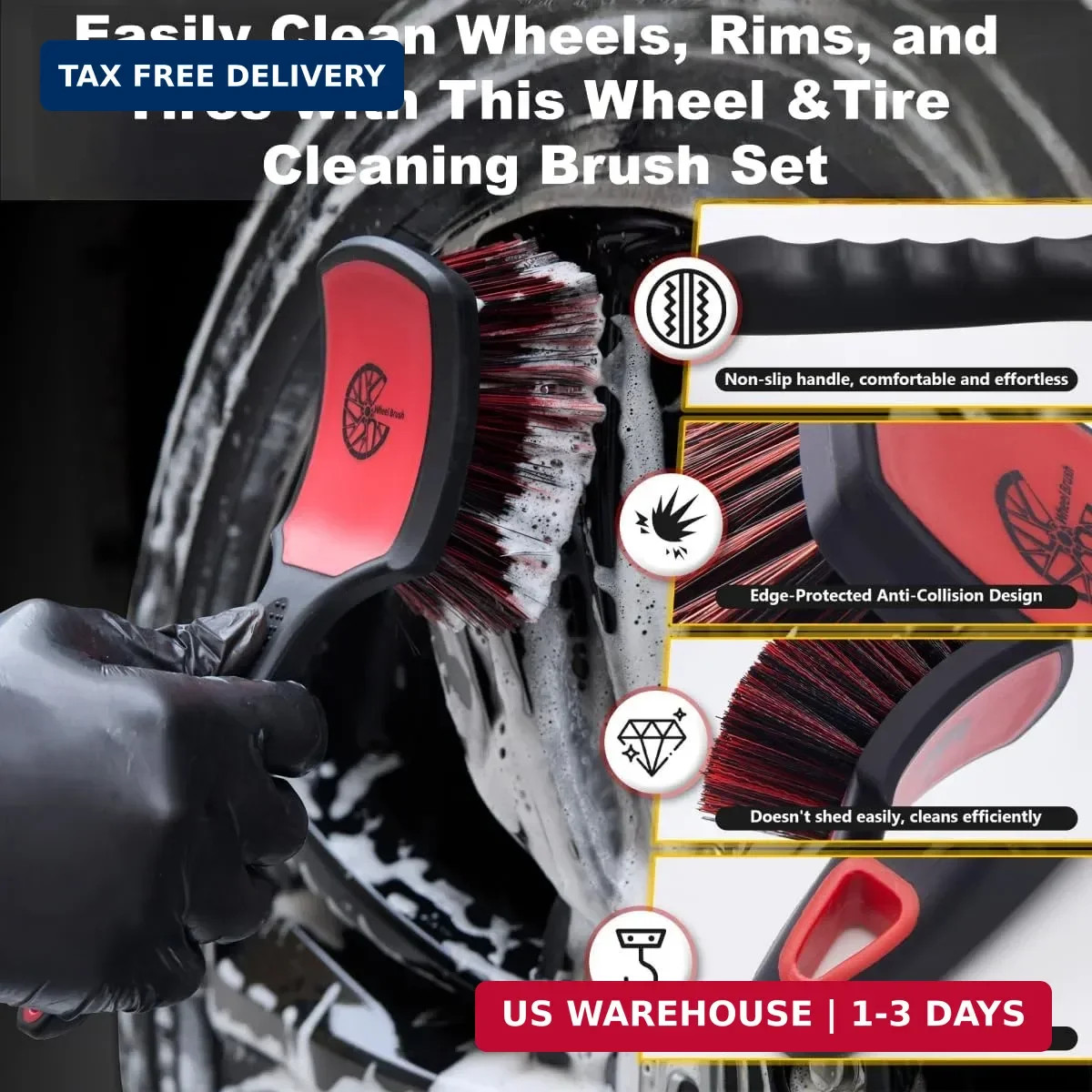 2 Pack Tire & Wheel Brush Set Stiff Soft Bristle Scratch Free Car Truck