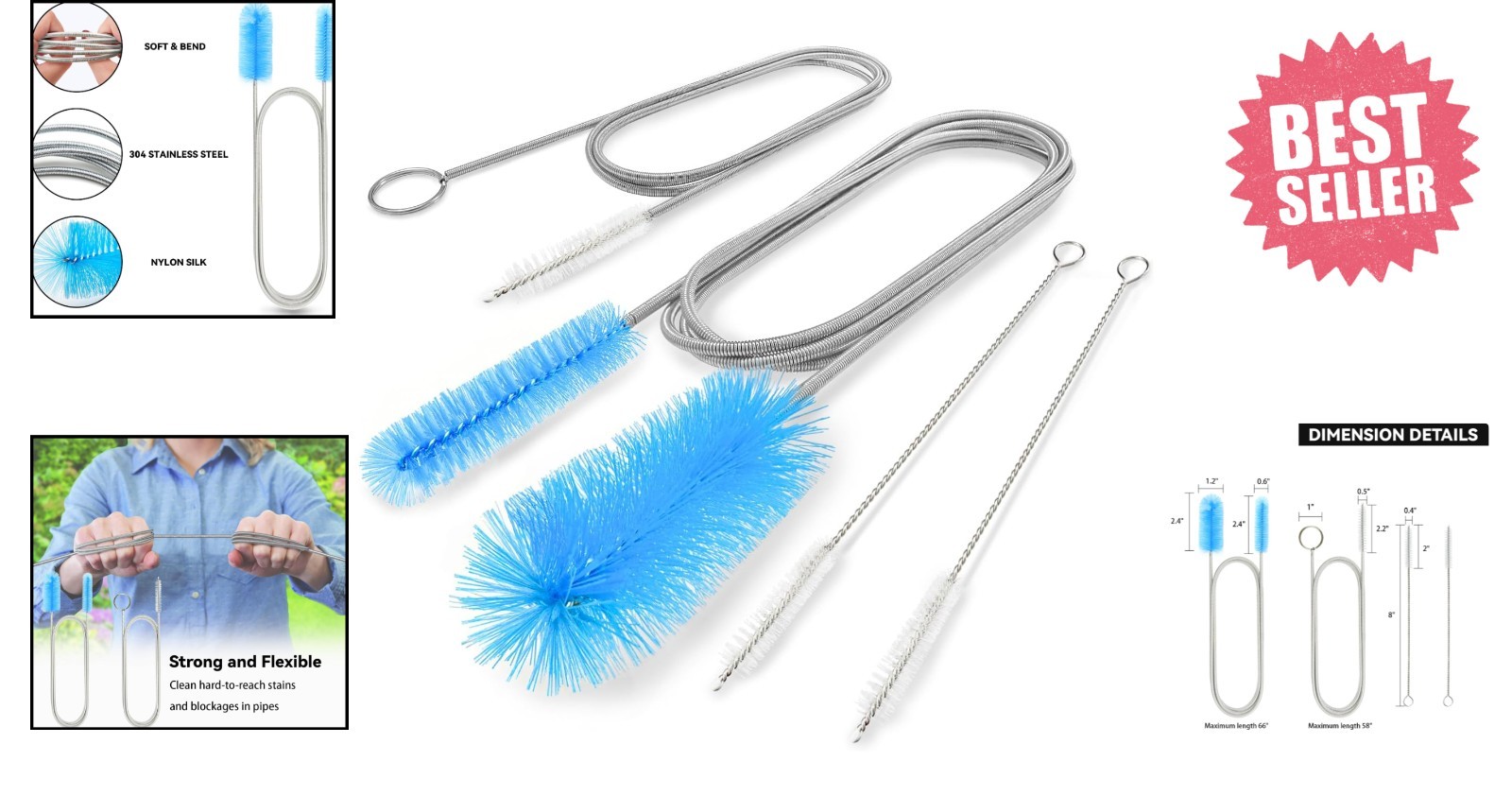 4-Pack Flexible Drain and Straw Cleaning Brushes for Home & Aquarium Use