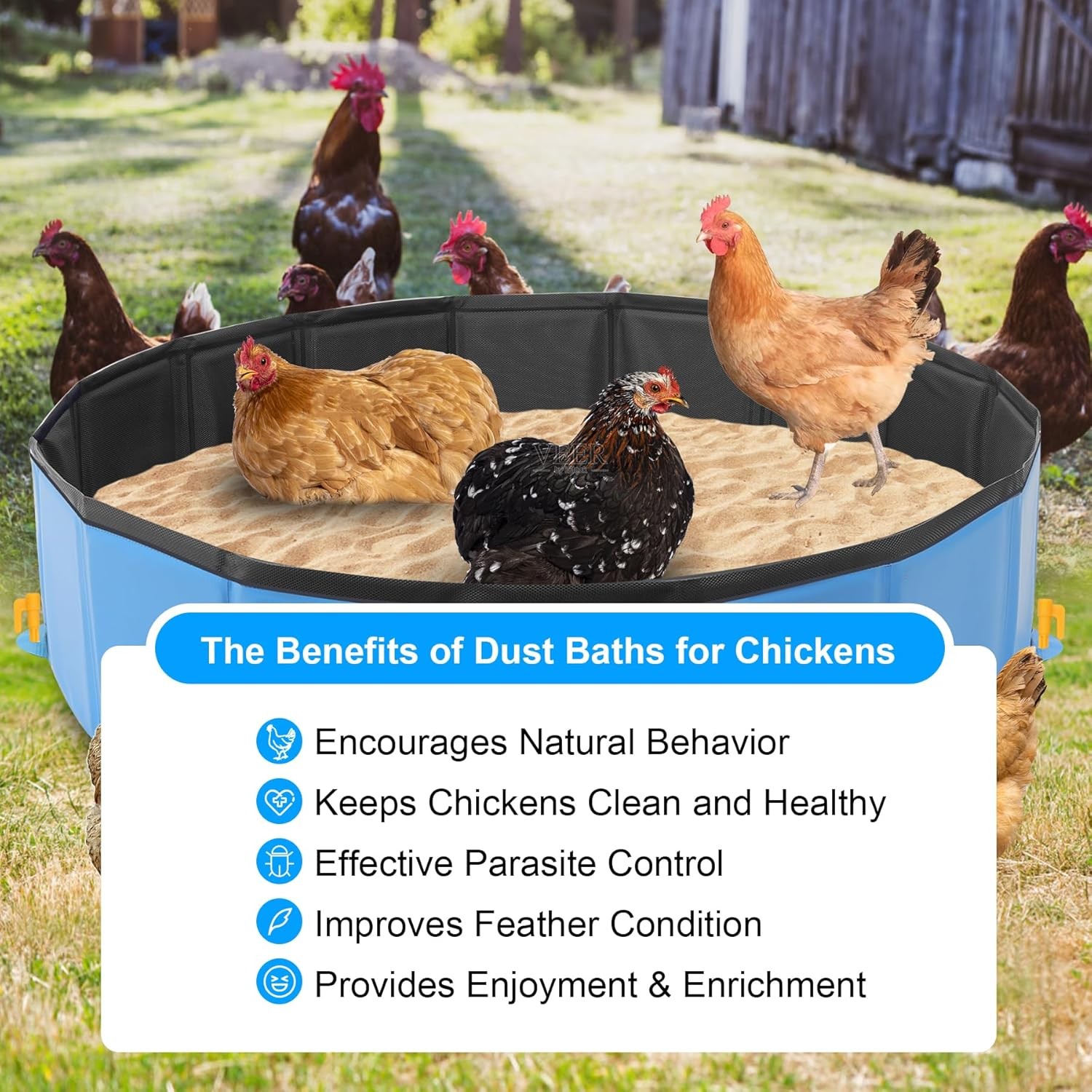 Chicken Dust Bath Tub (32” D * 8” H), Foldable Design, Extra-Tough PVC, Dust B