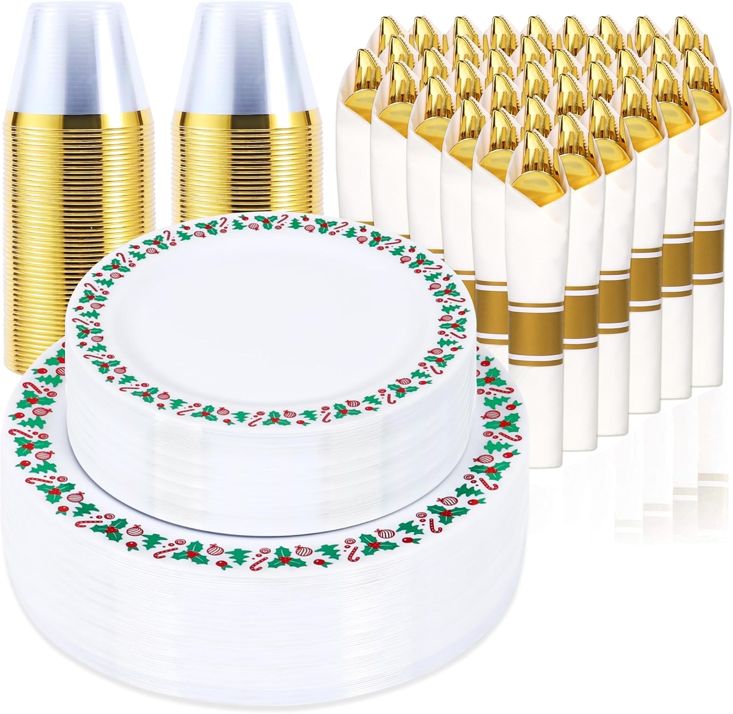 350pcs Christmas Disposable Plates & Cutlery Set – Plastic Plates, Tree Design