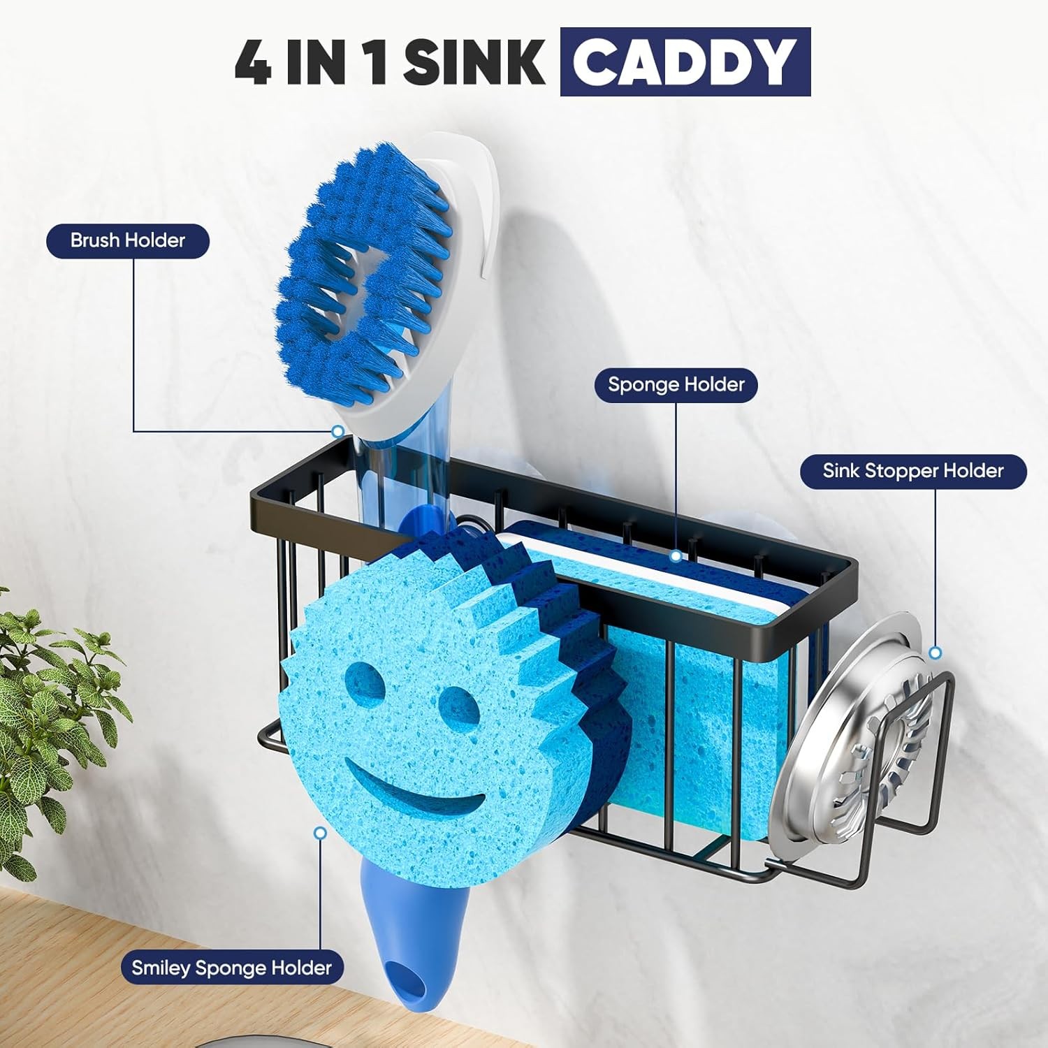 Sponge Holder for Kitchen Sink,Sink Caddy Smiley Face,4-in-1 Sponge Holder with
