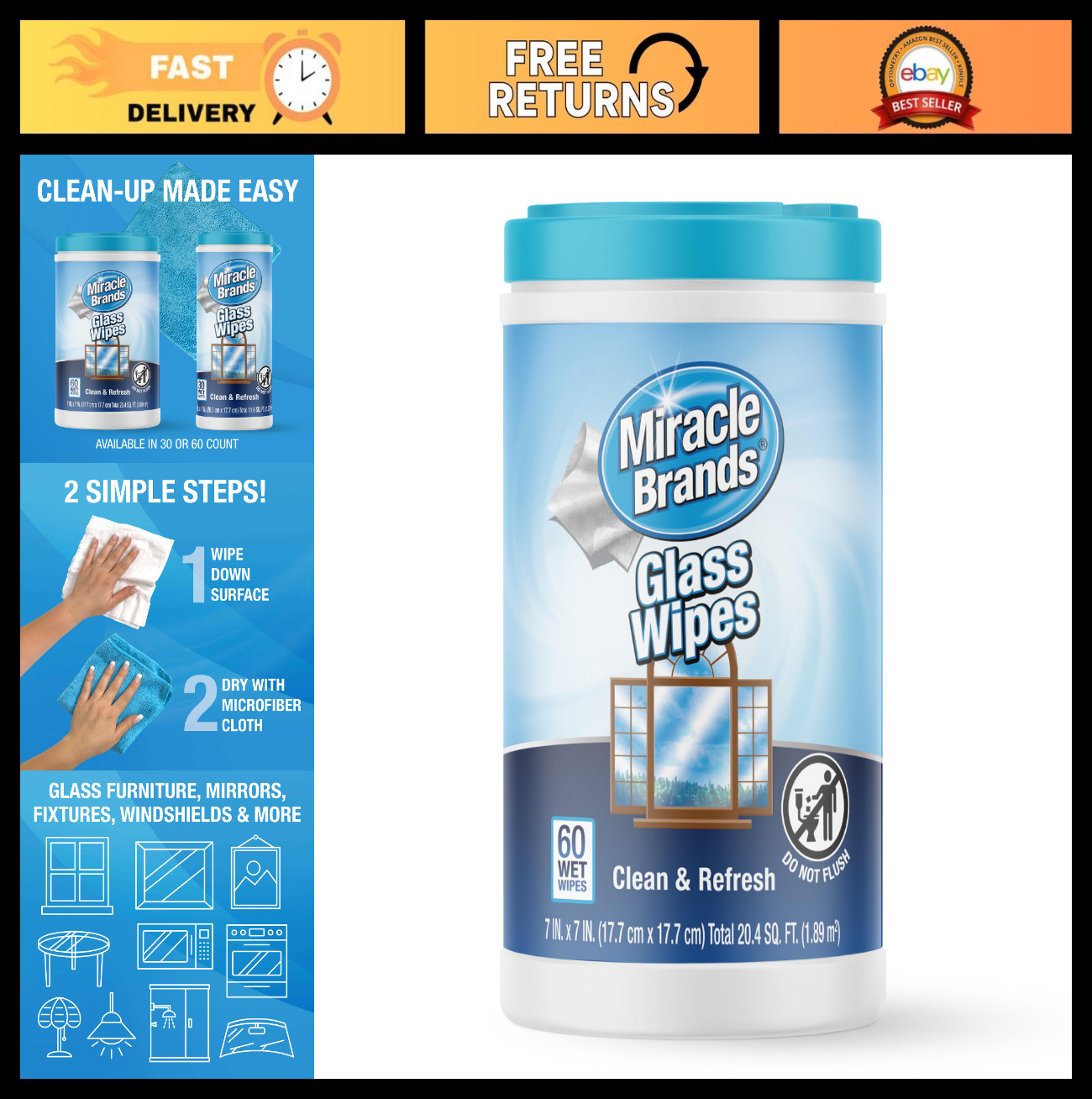 Streak-Free Glass Cleaning Wipes – Disposable for Windows, Mirrors, Home & Auto