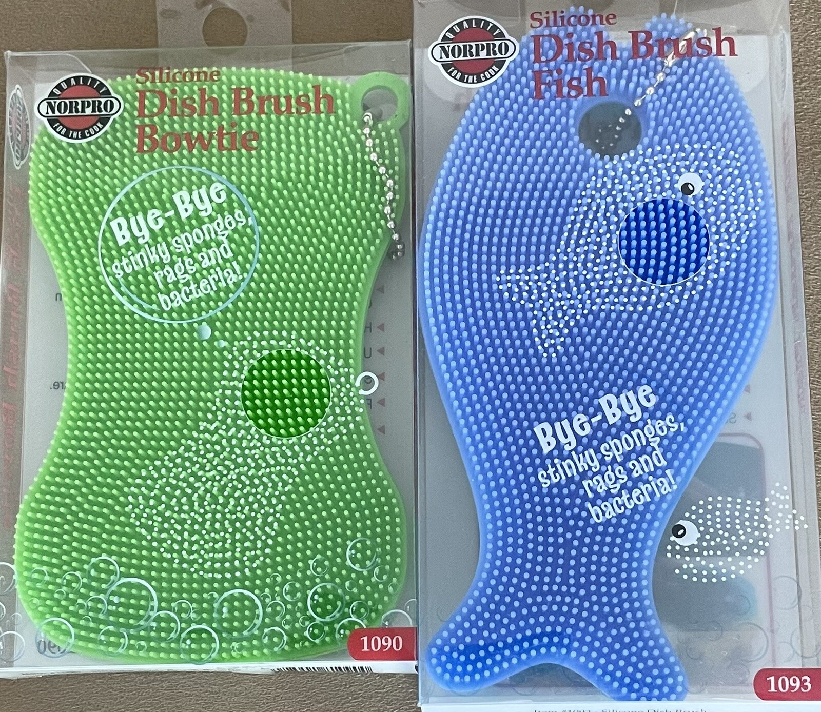 NEW NORPRO SILICONE DISH BRUSH BLUE FISH & GREEN BOWTIE SET OF 2
