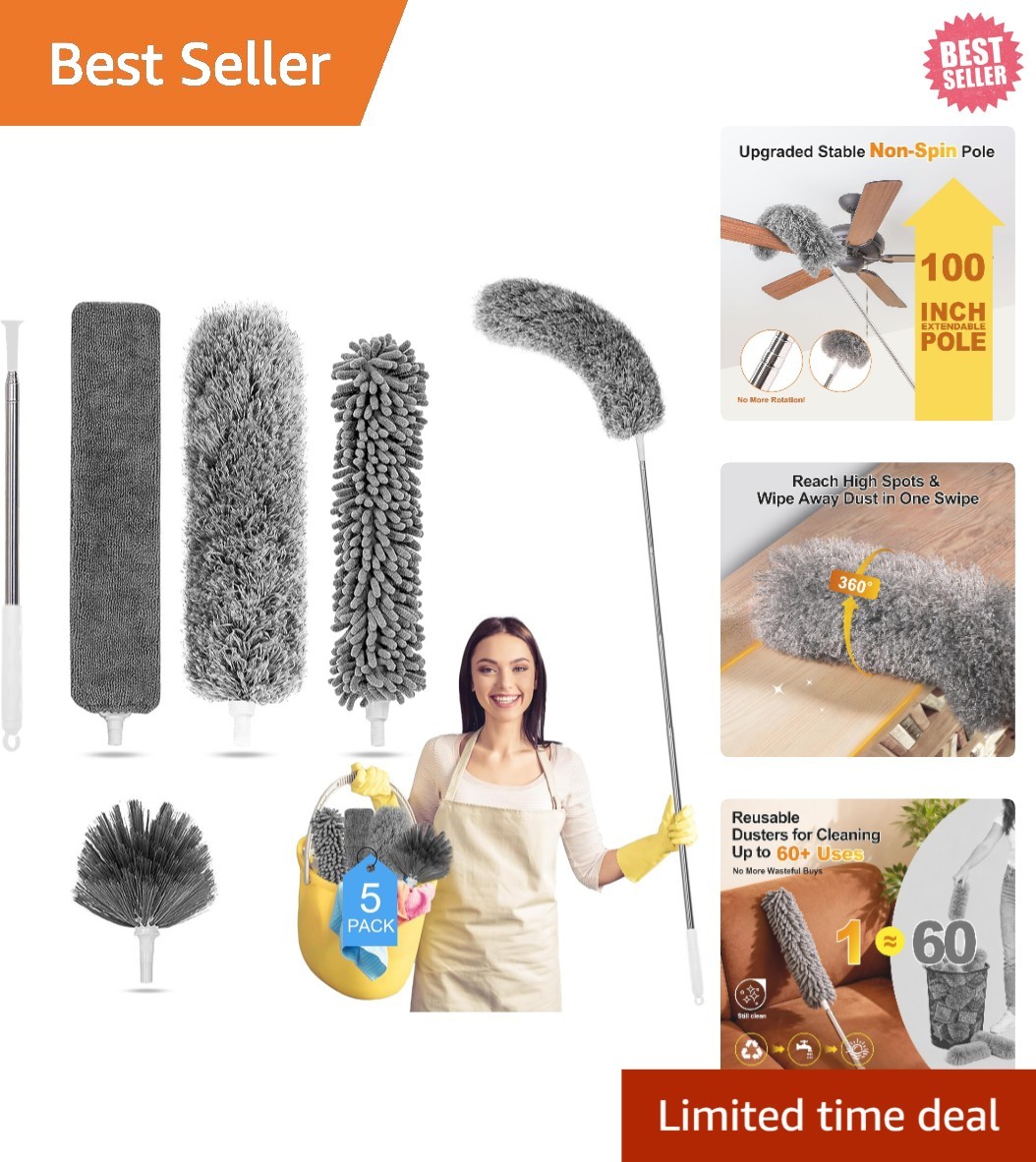 Ultimate 5-in-1 Microfiber Cleaning Duster Kit with 100 Inch Extension Pole