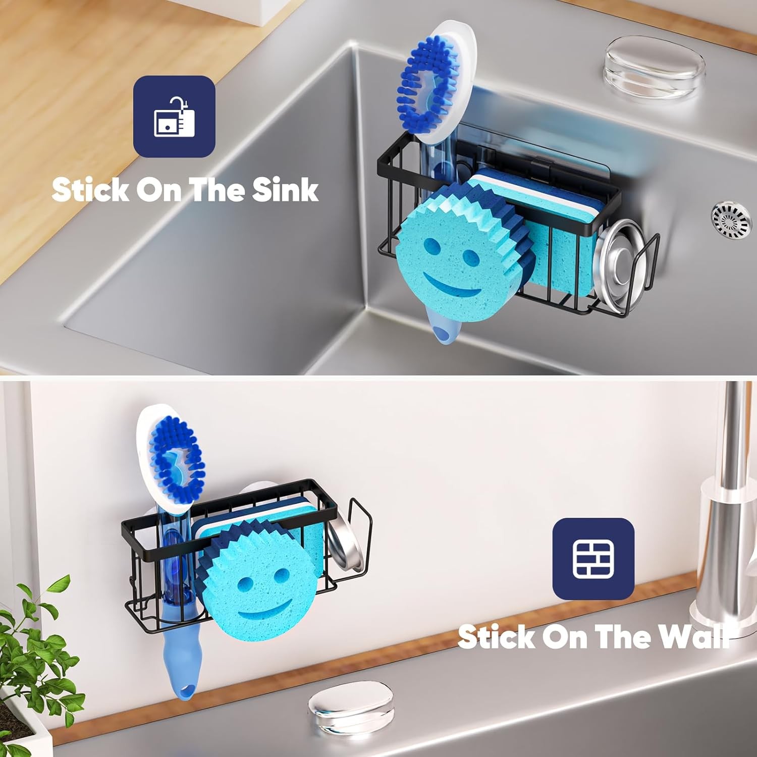 Sponge Holder for Kitchen Sink,Sink Caddy Smiley Face,4-in-1 Sponge Holder with