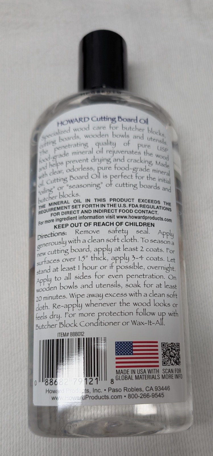 Howard Cutting Board Oil 12 FL OZ Clear, Odorless, Tasteless, Food Grade- NEW