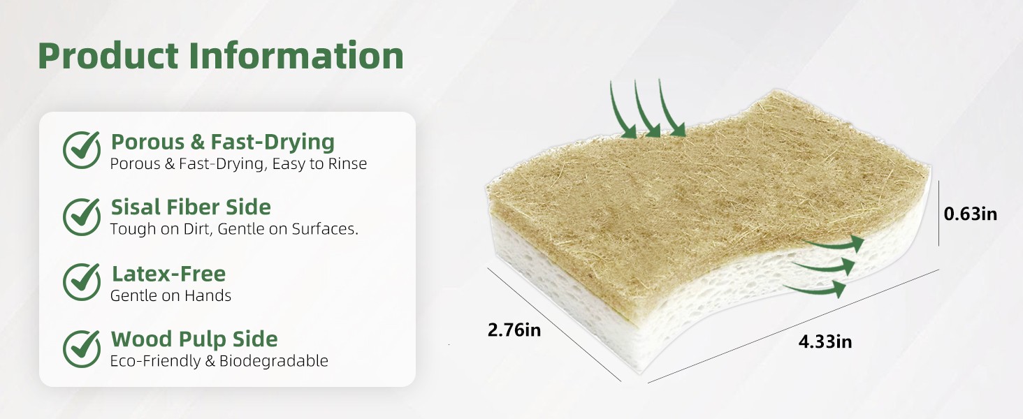 Kitchen Cleaning Sponges, Natural Cellulose Dish Sponge with Coconut Fiber